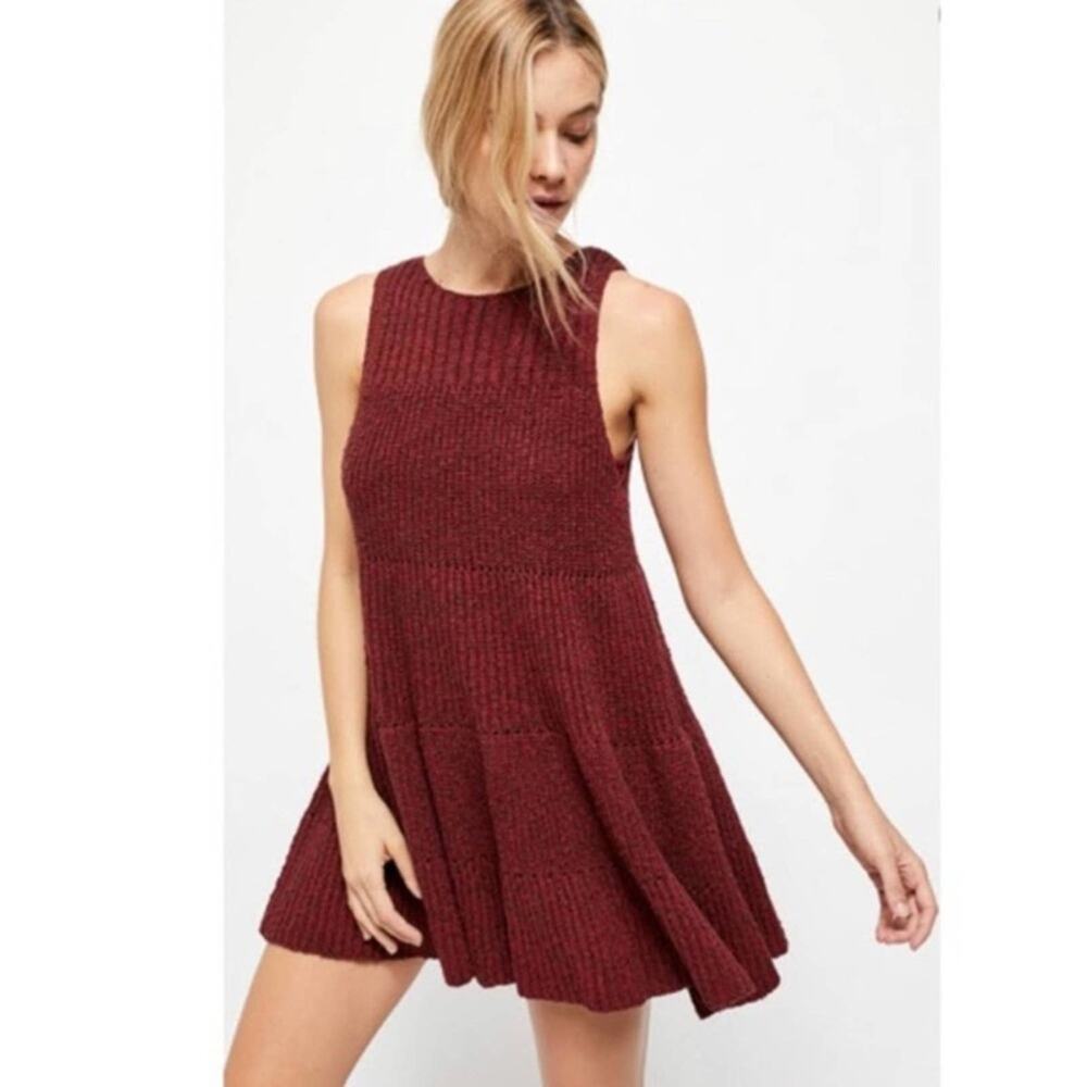 NWT Free People Maroon Red Waterfall Ruffle Knit Sweater Dress Small MSRP $168